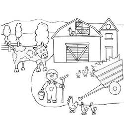 Dibujo de Escena de granja con vaca, gallinas y granjero para colorear