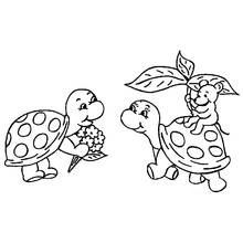 Dibujo de Tortugas con un ramo de flores y un ratoncito para colorear