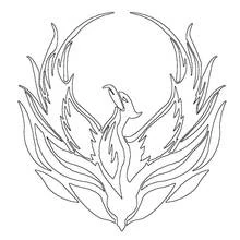 Dibujo de Aves fénix con alas de llamas desplegadas para colorear
