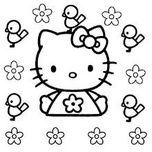 Dibujo de Hello Kitty rodeada de pajaritos y flores para colorear