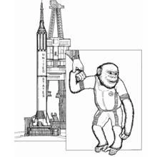 Dibujo de Chimpancé Ham con traje espacial junto a un cohete para colorear