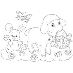 Dibujo de Cordero llevando una cesta de flores con un conejito para colorear Dibujo de Cordero llevando una cesta de flores con un conejito para colorear