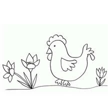 Dibujo de Gallina caminando entre flores para colorear