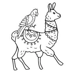 Dibujo de Llama caminando con un loro en el lomo para colorear Dibujo de Llama caminando con un loro en el lomo para colorear