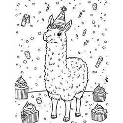 Dibujo de Llama festejando con gorro de fiesta y cupcakes para colorear Dibujo de Llama festejando con gorro de fiesta y cupcakes para colorear