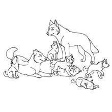 Dibujo de Lobo adulto vigilando a una camada de cachorros para colorear