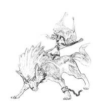 Dibujo de Lobo agazapado con un jinete encapuchado para colorear