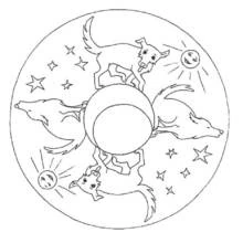 Dibujo de Lobo mandala con luna y estrellas para colorear
