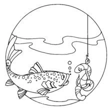 Dibujo de Lombriz colgada de un anzuelo cerca de un pez para colorear