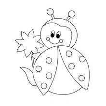 Dibujo de Mariquita sonriente junto a una flor para colorear