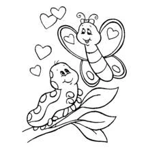 Dibujo de Oruga y mariposa rodeadas de corazones para colorear