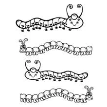 Dibujo de Oruga en grupo de cuatro con caras alegres para colorear Dibujo de Oruga en grupo de cuatro con caras alegres para colorear
