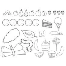 Dibujo de Oruga rodeada de frutas y golosinas para colorear Dibujo de Oruga rodeada de frutas y golosinas para colorear