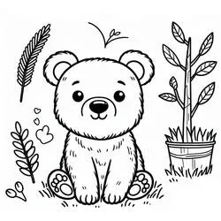 Dibujo de Osito sentado entre hojas y una planta para colorear