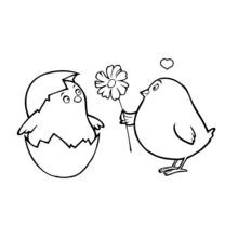 Dibujo de Pollito ofreciendo una flor a otro pollito en un huevo para colorear