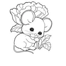Dibujo de Ratón sosteniendo una hoja frente a una flor para colorear