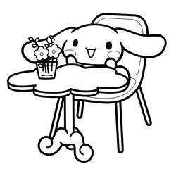 Dibujo de Cinnamoroll sentado en una mesa con flores para colorear