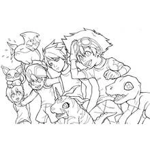 Dibujo de Digimon grupo de niños y criaturas para colorear