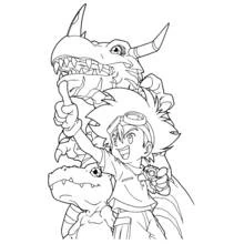 Dibujo de Digimon niño con Greymon y Agumon para colorear