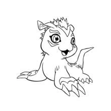 Dibujo de Gabumon sentado con ojos grandes para colorear