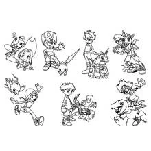 Dibujo de Digimon niños con sus compañeros Digimon para colorear