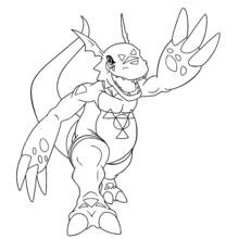 Dibujo de Digimon dragón guerrero en pose de acción para colorear