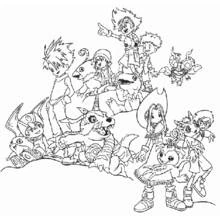 Dibujo de Digimon héroes y sus compañeros digitales para colorear