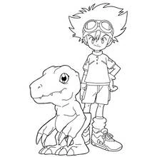 Dibujo de Taichi Kamiya de pie junto a su compañero Agumon para colorear