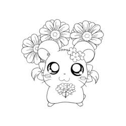 Dibujo de Hamtaro rodeado de grandes flores para colorear