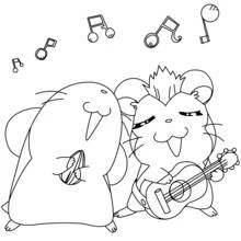 Dibujo de Hamtaro tocando la guitarra con un amigo para colorear