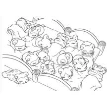 Dibujo de Hamtaro y sus amigos durmiendo juntos en una gran cama para colorear