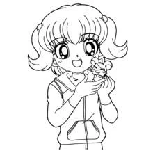 Dibujo de Hamtaro sostenido con cariño por una niña sonriente para colorear