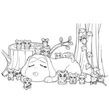 Dibujo de Hamtaro y sus amigos alrededor de un perro dormido para colorear
