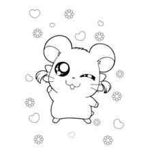 Dibujo de Hamtaro guiñando el ojo rodeado de corazones y flores para colorear
