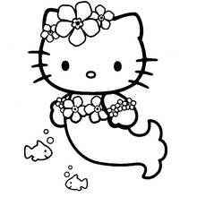 Dibujo de Hello Kitty sirena con flores para colorear