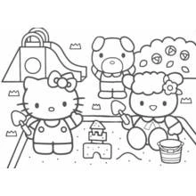 Dibujo de Hello Kitty jugando en el arenero con sus amigos para colorear