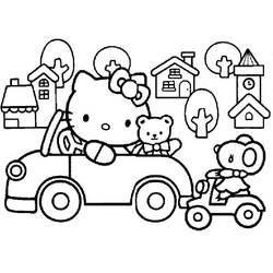 Dibujo de Hello Kitty conduciendo su coche con su osito para colorear