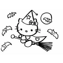 Dibujo de Hello Kitty volando en escoba de bruja para colorear