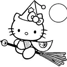 Dibujo de Hello Kitty volando en una escoba de bruja para colorear