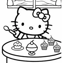 Dibujo de Hello Kitty en la mesa de postres para colorear