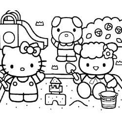 Dibujo de Hello Kitty jugando en el arenero con sus amigos para colorear