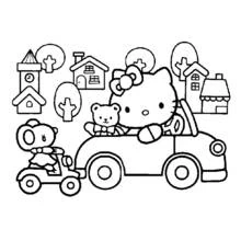 Dibujo de Hello Kitty conduciendo su coche con su osito para colorear