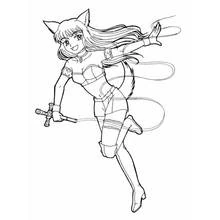 Dibujo de Heroína manga gato saltando con un arma para colorear Dibujo de Heroína manga gato saltando con un arma para colorear