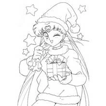Dibujo de Sailor Moon con gorro de Navidad y un regalo para colorear Dibujo de Sailor Moon con gorro de Navidad y un regalo para colorear