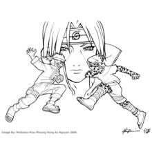 Dibujo de Naruto con dos ninjas saltando en acción para colorear