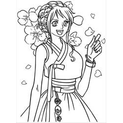Dibujo de Nami sonriente entre flores de cerezo para colorear