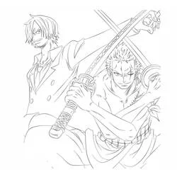 Dibujo de Roronoa Zoro sosteniendo espadas junto a Sanji para colorear Dibujo de Roronoa Zoro sosteniendo espadas junto a Sanji para colorear