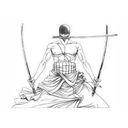 Dibujo de Roronoa Zoro con sus tres espadas listo para luchar para colorear Dibujo de Roronoa Zoro con sus tres espadas listo para luchar para colorear