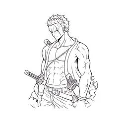 Dibujo de Roronoa Zoro de pie con sus tres katanas para colorear Dibujo de Roronoa Zoro de pie con sus tres katanas para colorear