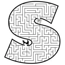Dibujo de Laberinto con forma de letra S, araña y mofeta para colorear